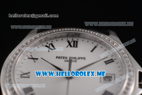 Patek Philippe Calatrava Miyota 9015 Automatic Steel Case with White Dial Black Leather Strap and Roman Numeral Markers Diamonds Bezel - Click Image to Close